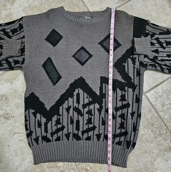 Alvin Josef L Brown Black 80s Geometric Sweater Leather Patches Rare Vintage